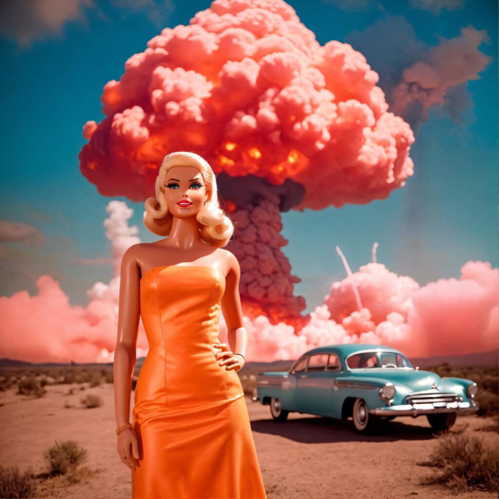 A Barbie doll with a blue car and a big pink mushroom cloud explosion in the background.