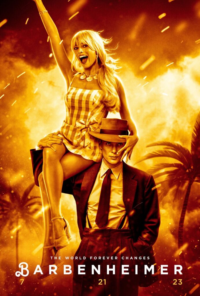 A fake movie poster of Margot Robbie as Barbie and Cillian Murphy as Oppenheimer, holding Barbie on his shoulder with a fiery explosion and palm trees in the background.