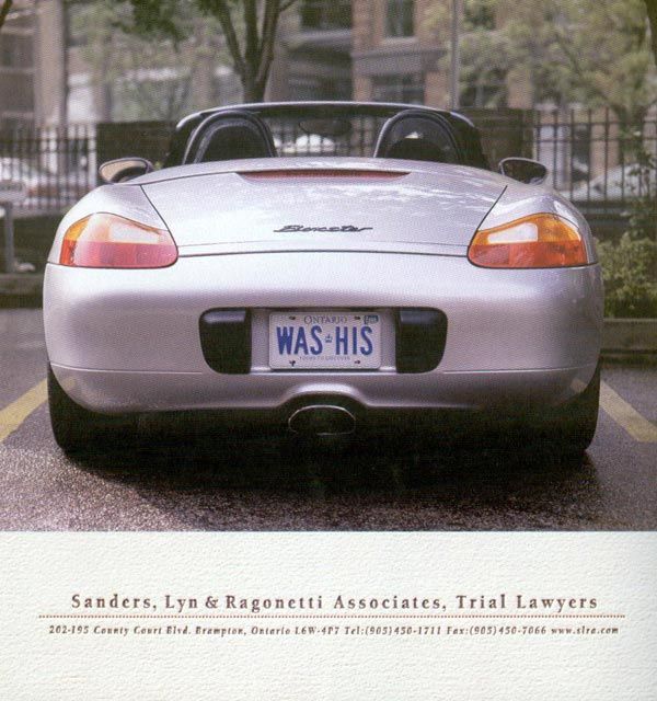 A convertible with the license plate "Was His", above a business card for a law firm.