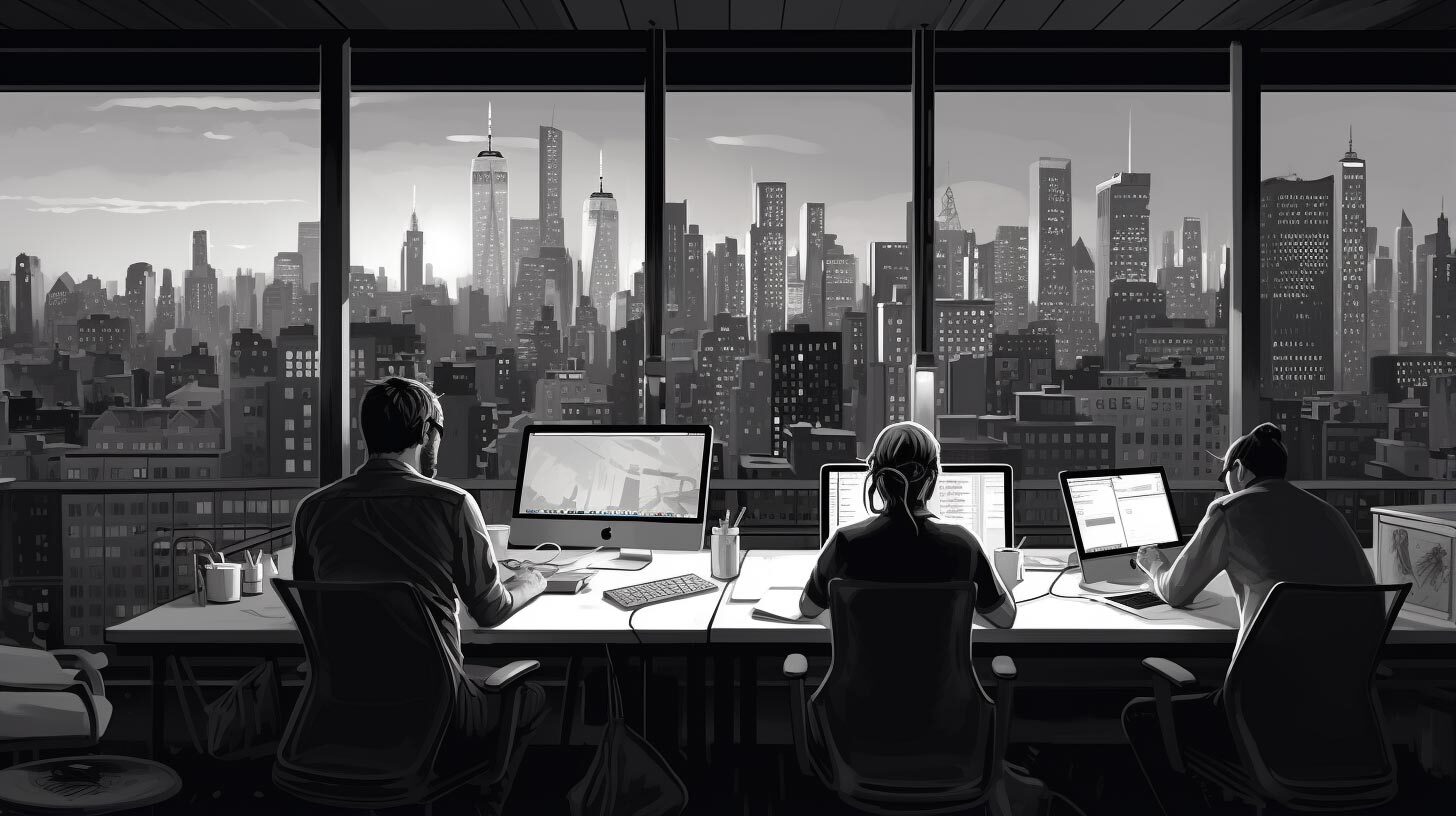 Black and white art featuring tech workers at the office.
