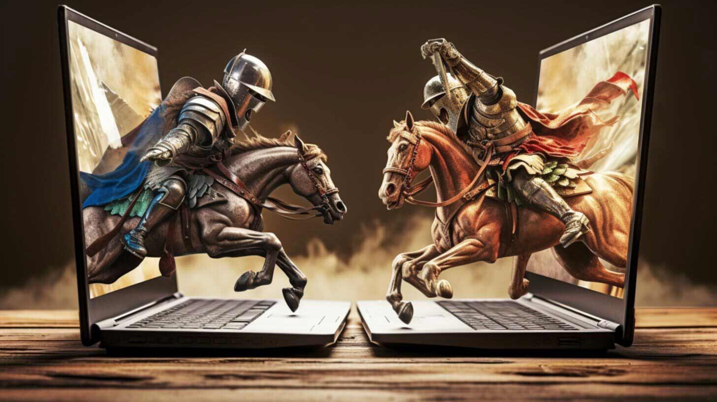 knights on horseback coming out of computer screens to battle