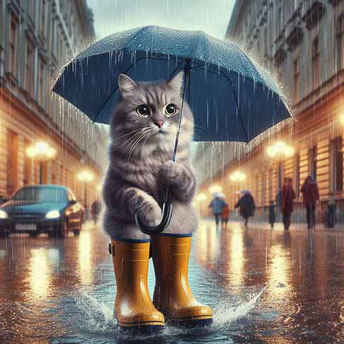 AI generated art of a cat wearing rainboots and holding an umbrella