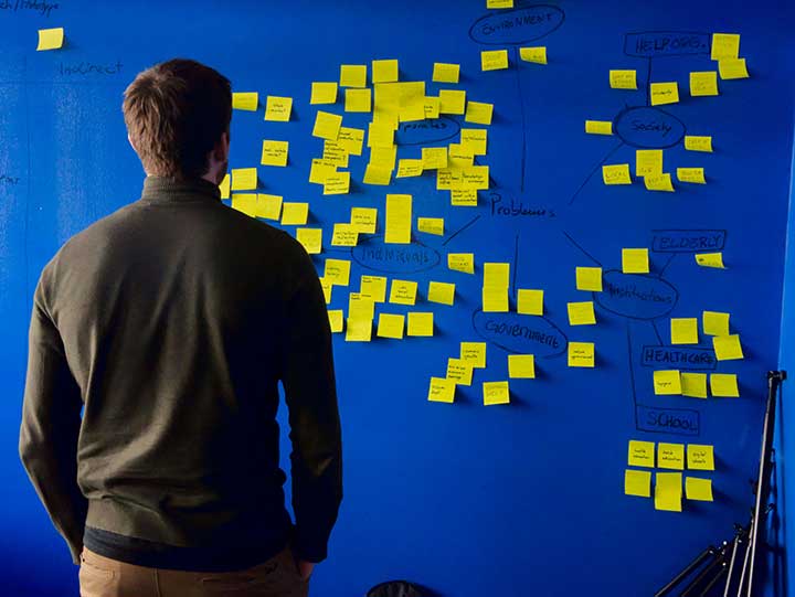 A man stares at a blue wall covered in yellow post-it notes as he tries to create an outline for his content.