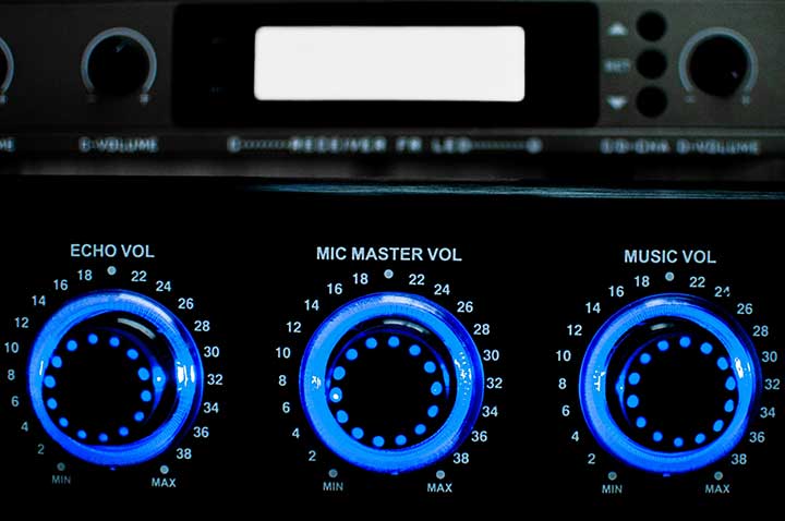 Three dials to adjust volume, representing tone checking pieces of content.
