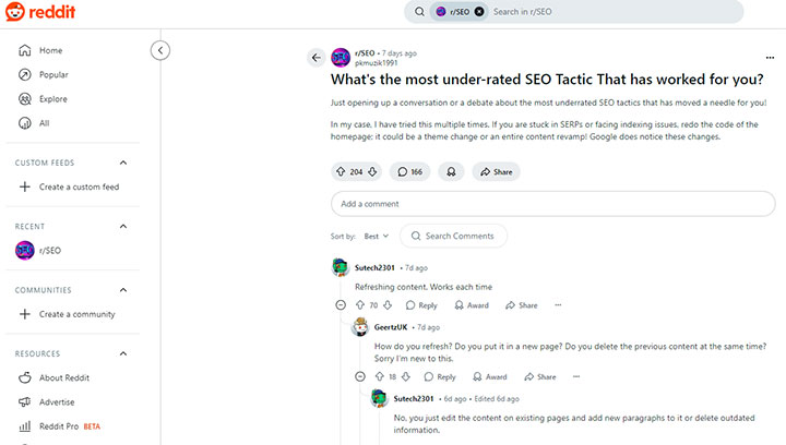 Reddit Thread on Under-Rated SEO Tactics