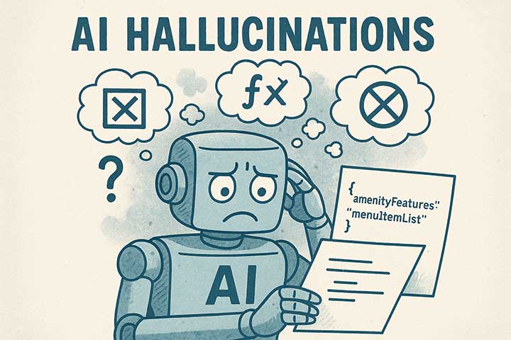 Cartoon robot labeled "AI" looks confused while holding invalid schema code, with thought bubbles showing crossed-out symbols representing AI hallucinations.