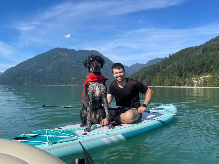 Moshi and Jeremy out on the lake, stand up paddle boarding