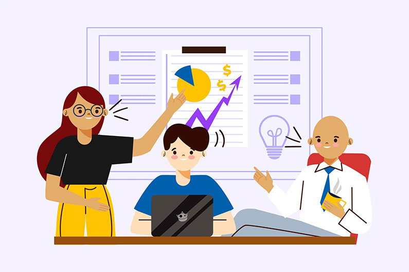 A marketing team discussing metrics for a small business