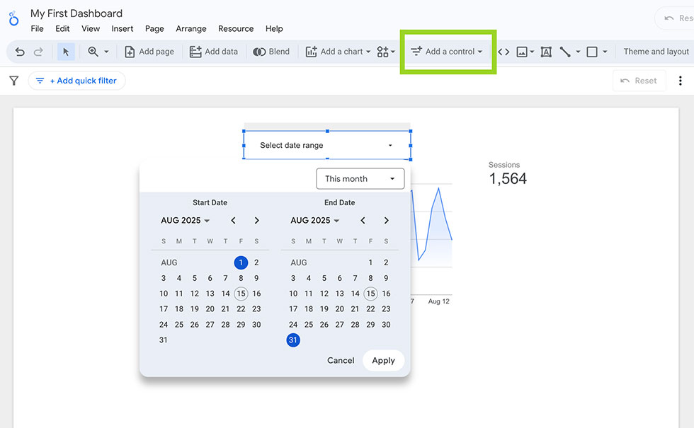 A screenshot demonstrating how to add interactive controls in Looker Studio such as the date range control