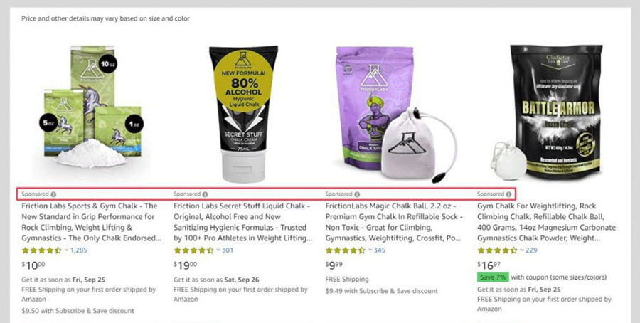 A screen showing products on Amazon with Amazon Ads highlighted.