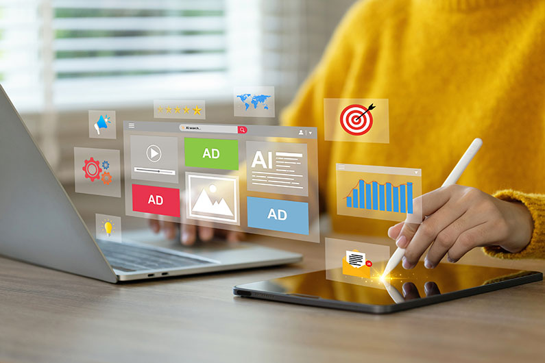 A person using an ipad and laptop to create digital ads outside of Google
