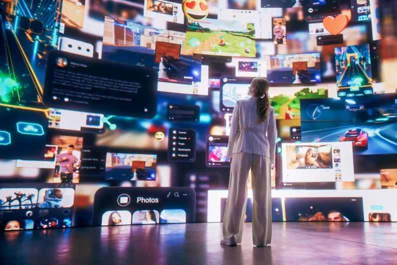 Silhouette of a person looking through a wall of 3D interfaces of social media platforms and internet content. Cover size