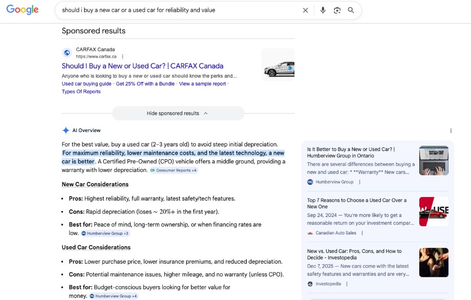 Google SERP showing traditional search ads appearing above the AI Overview section