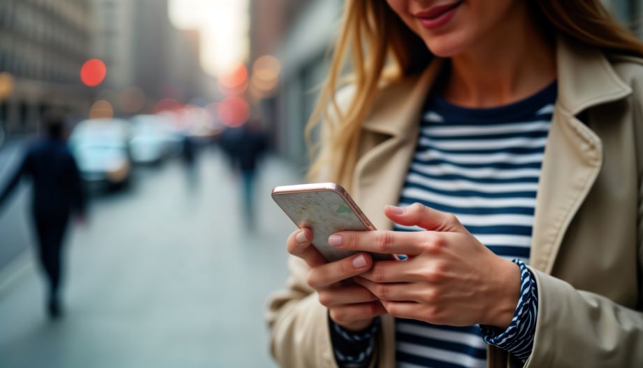 Woman in a light coloured trench coat using a mobile device on a busy sidewalk