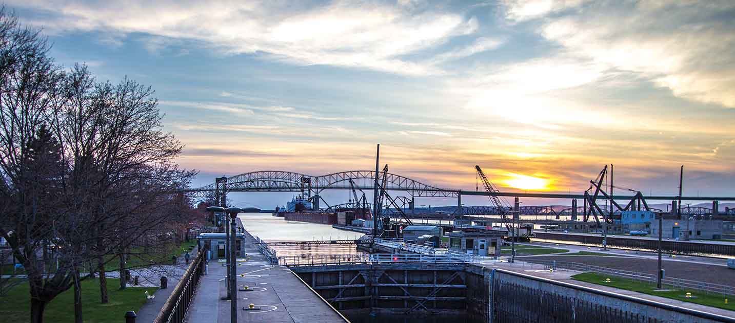 The Soo Locks on the St. Marys River between Lake Superior and Lake Huron.