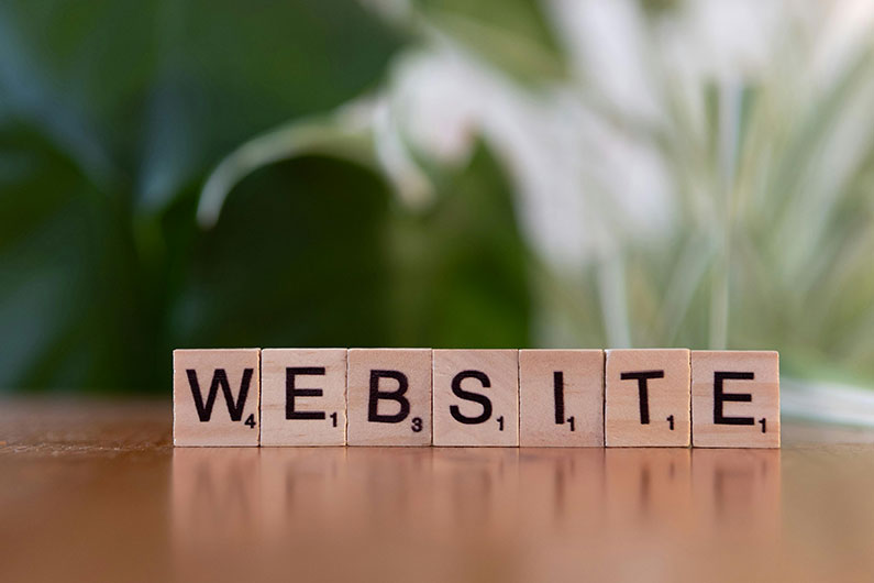 Wooden Scrabble tiles spelling out the word website on a polished desk with a soft, green plant background.