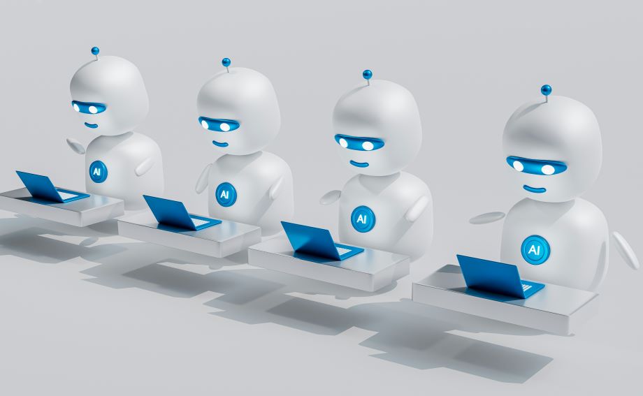 ai-customer-service 4 AI robots side by side on laptops as customer service agents.