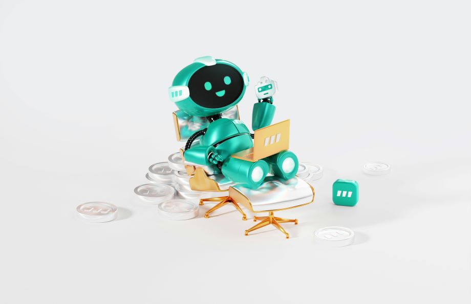 happy-customer-service-bot A happy customer service robot in a chair with a laptop on its legs.