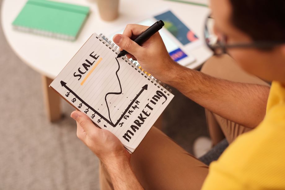 Marketing Growth Hand holding a notebook with a marketing growth scale chart